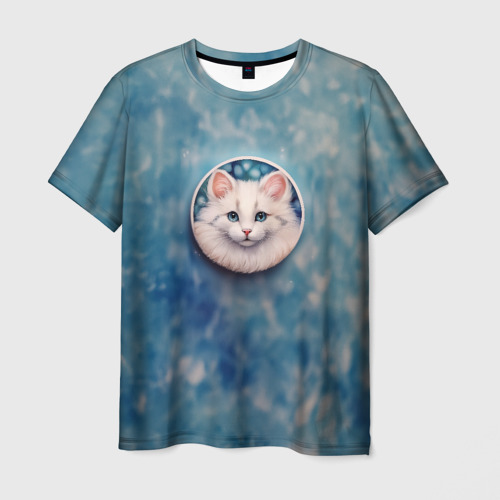Мужская футболка 3D с принтом Мордочка белой кошки, вид спереди #2