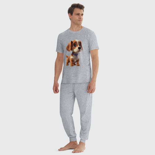 Мужская пижама хлопок с принтом Щенок коричнево-белой масти в ошейнике, вид сбоку #3