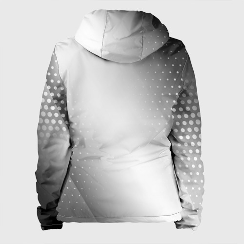 Женская куртка 3D с принтом Tomodachi Game glitch на светлом фоне: надпись, символ, вид сзади #1