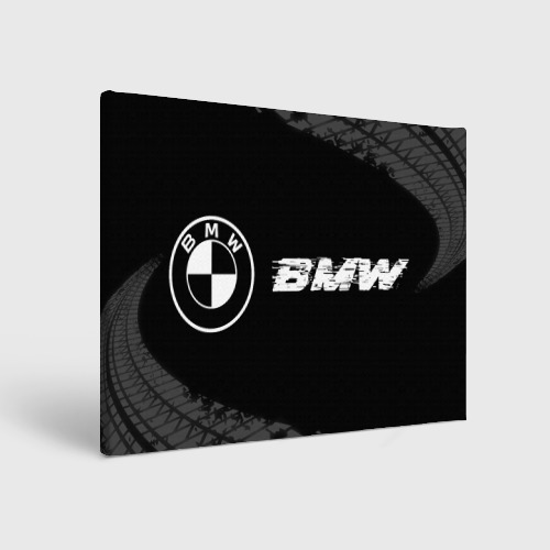 Холст прямоугольный BMW Speed на темном фоне со следами шин: надпись и символ, цвет 3D печать