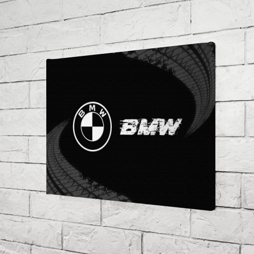 Холст прямоугольный BMW Speed на темном фоне со следами шин: надпись и символ, цвет 3D печать - фото 3