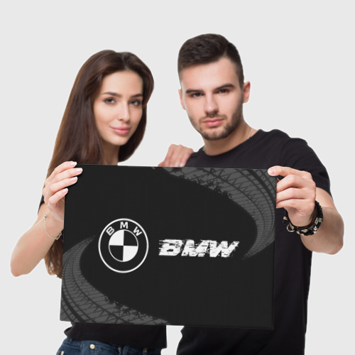 Холст прямоугольный BMW Speed на темном фоне со следами шин: надпись и символ, цвет 3D печать - фото 5