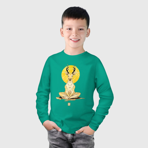 Детский лонгслив хлопок с принтом Медитирующий олень - мир, фото на моделе #1