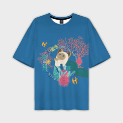 Мужская футболка oversize 3D Сиамская кошка русалка с кораллами