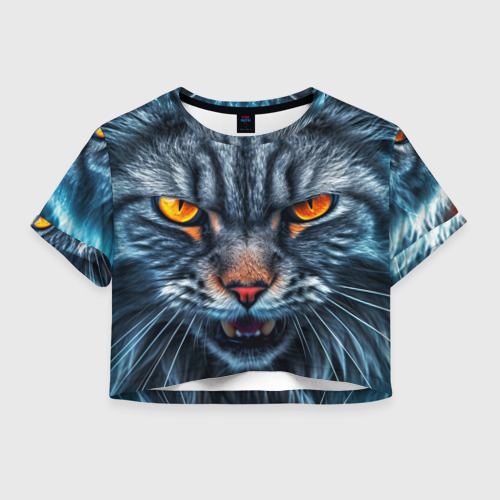 Женская футболка Crop-top 3D Angry cat, цвет 3D печать