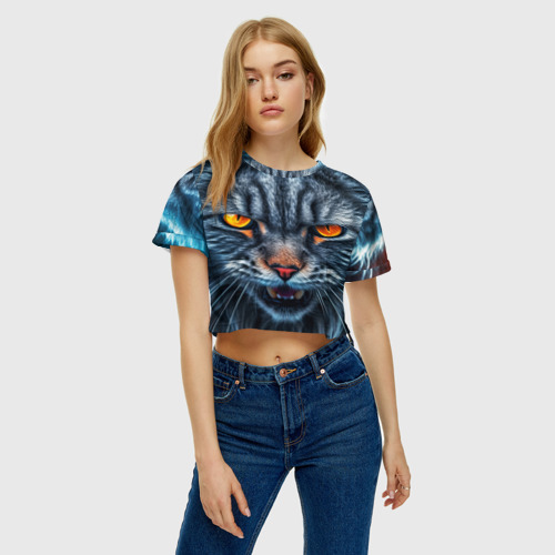 Женская футболка Crop-top 3D Angry cat, цвет 3D печать - фото 3