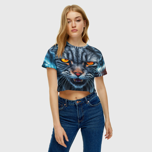 Женская футболка Crop-top 3D Angry cat, цвет 3D печать - фото 4