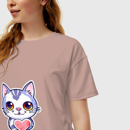Женская футболка хлопок Oversize Стикер Котёнок с сердечком, цвет пыльно-розовый - фото 3
