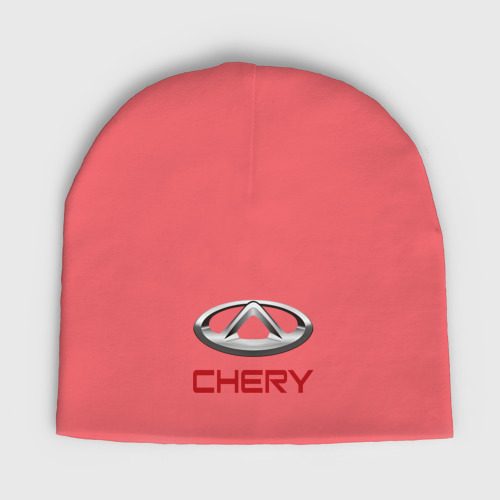 Детская шапка демисезонная Chery - лого, цвет коралловый