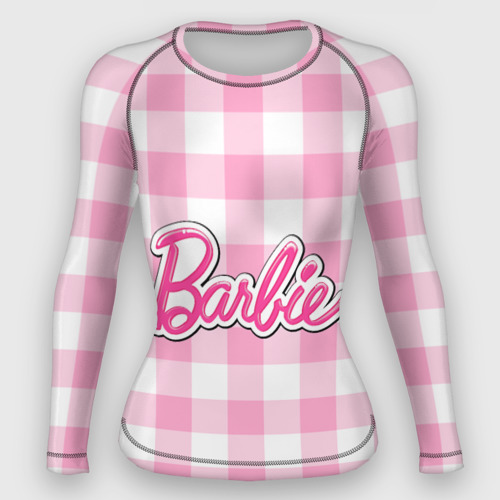 Женский рашгард 3D с принтом Барби лого розовая клетка, вид спереди #2
