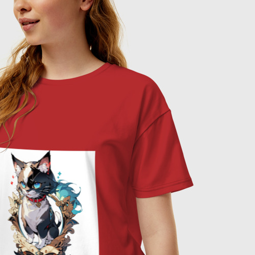 Женская футболка хлопок Oversize Кот мими, цвет красный - фото 3