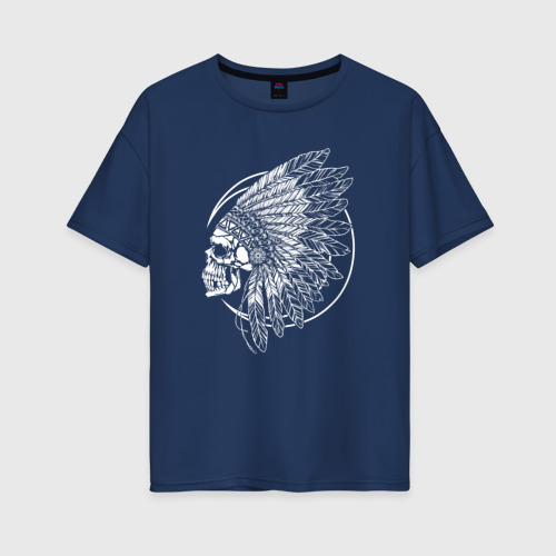 Женская футболка хлопок Oversize Индеец в перьях, цвет темно-синий
