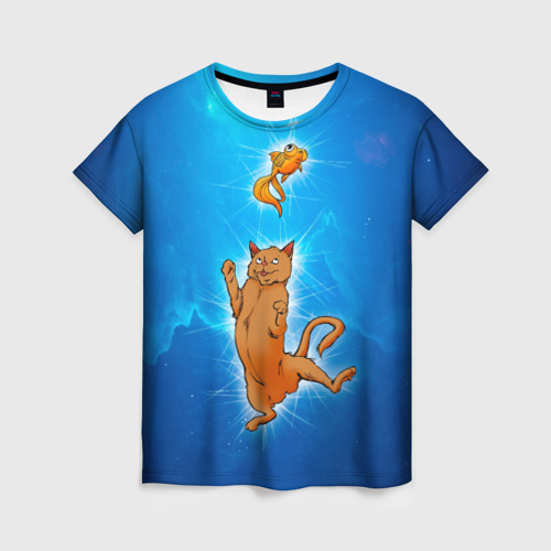 Женская футболка 3D с принтом Кот и Рыба в Космосе, вид спереди #2