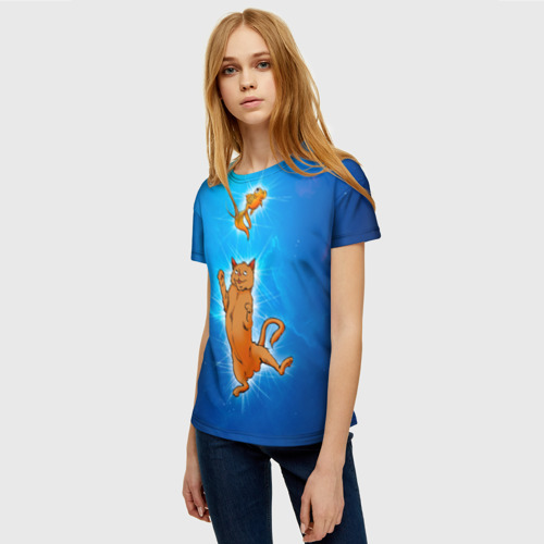 Женская футболка 3D с принтом Кот и Рыба в Космосе, фото на моделе #1