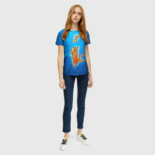Женская футболка 3D с принтом Кот и Рыба в Космосе, вид сбоку #3