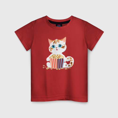 Детская футболка хлопок с принтом Котенок с попкорном, вид спереди #2