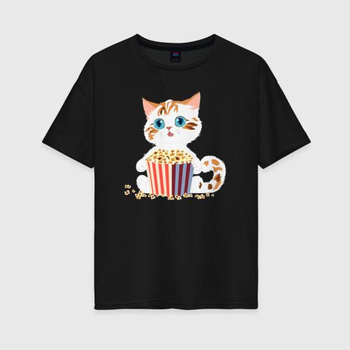 Женская футболка хлопок Oversize с принтом Котенок с попкорном, вид спереди #2