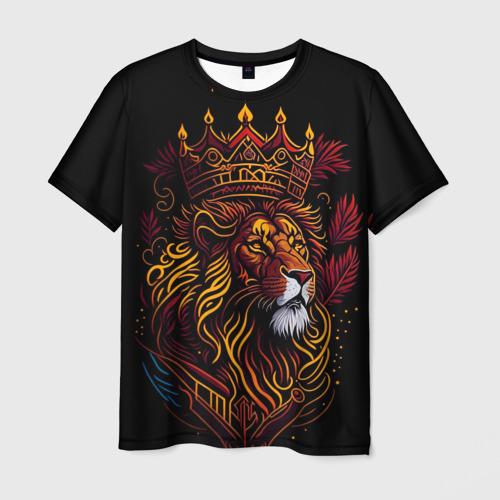 Мужская футболка 3D с принтом Золотой лев с короной, вид спереди #2