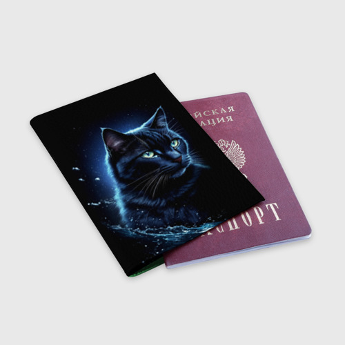 Обложка для паспорта матовая кожа Черный кот - брызги воды, цвет зеленый - фото 3