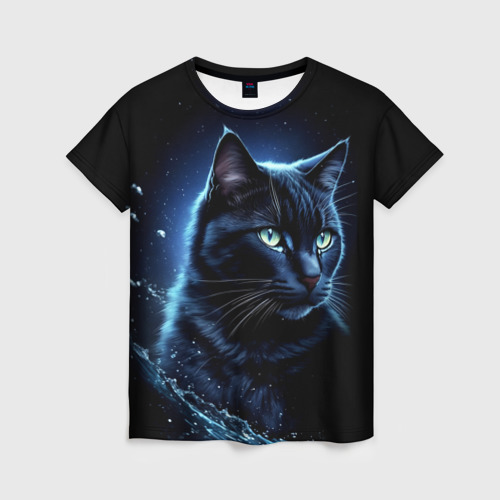 Женская футболка с принтом Черный кот - брызги воды, вид спереди №1