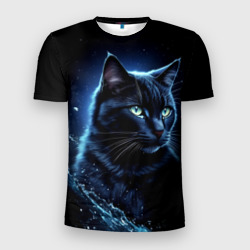 Мужская футболка 3D Slim Черный кот - брызги воды