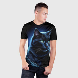 Мужская футболка 3D Slim Черный кот - брызги воды - фото 2