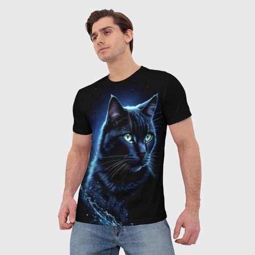 Мужская футболка 3D Черный кот - брызги воды, цвет 3D печать - фото 3