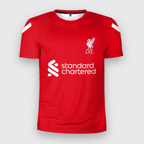 Мужская приталенная футболка с принтом ФК Ливерпуль форма 23-24 домашняя, вид спереди №1