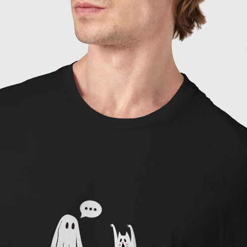 Мужская футболка хлопок с принтом Привидение и кот хэллоуин, фото #4