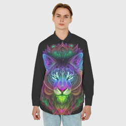 Мужская рубашка oversize 3D Разноцветный неоновый лев - фото 2