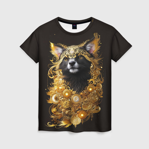 Женская футболка 3D Черная кошка в золотых украшениях, цвет 3D печать