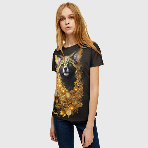 Женская футболка 3D Черная кошка в золотых украшениях, цвет 3D печать - фото 3