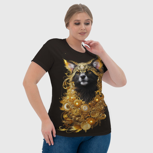 Женская футболка 3D Черная кошка в золотых украшениях, цвет 3D печать - фото 6