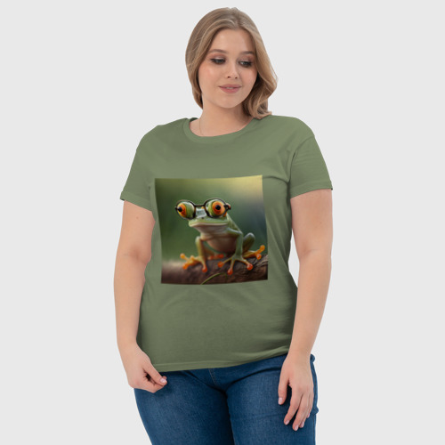 Женская футболка хлопок Забавная лягушка в очках, цвет авокадо - фото 6
