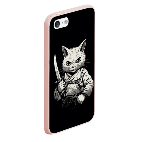 Чехол для iPhone 5/5S матовый Черно-белый кот самурай, цвет светло-розовый - фото 3