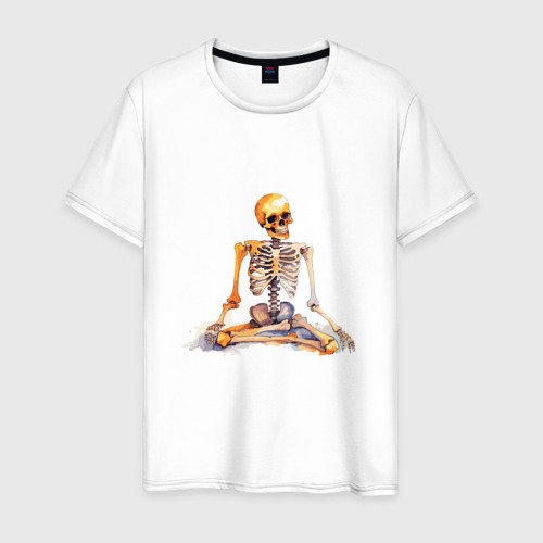 Мужская футболка хлопок Скелет в позе лотоса, цвет белый