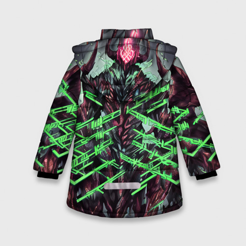 Зимняя куртка для девочек 3D с принтом Зелёный элементаль киберпанк, вид сзади #1
