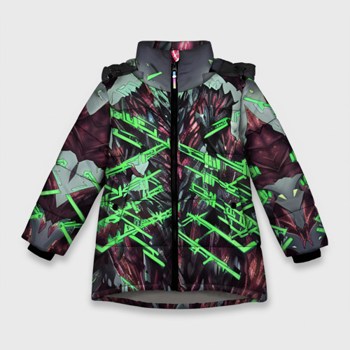 Зимняя куртка для девочек 3D с принтом Зелёный элементаль киберпанк, вид спереди #2