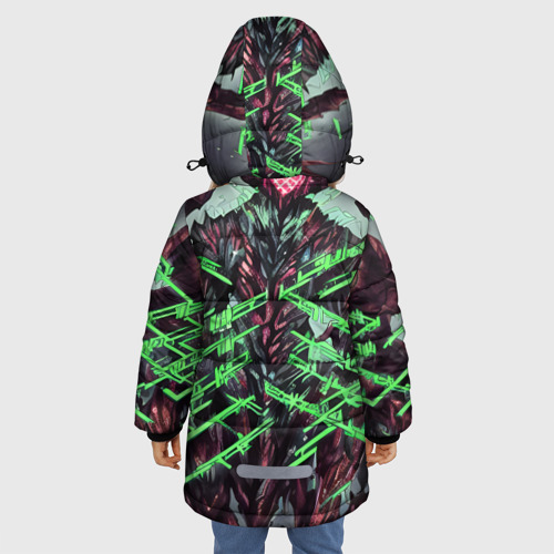 Зимняя куртка для девочек 3D с принтом Зелёный элементаль киберпанк, вид сзади #2