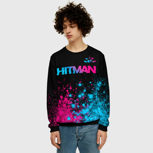 Мужской свитшот 3D Hitman - neon gradient: символ сверху, цвет черный - фото 3