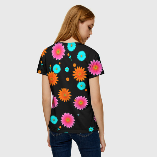 Женская футболка 3D Неоновый скелет в цветах, цвет 3D печать - фото 4