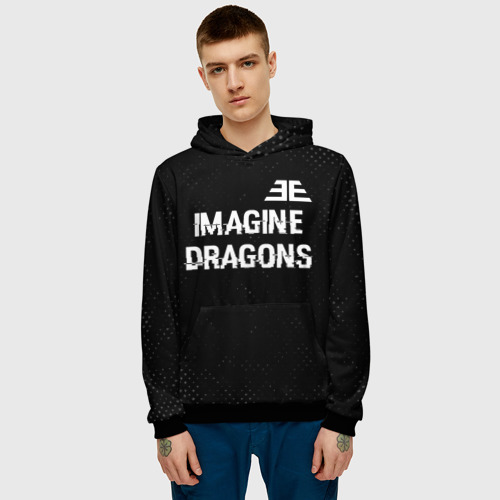 Мужская толстовка 3D Imagine Dragons glitch на темном фоне: символ сверху, цвет черный - фото 3