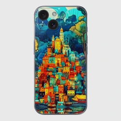 Чехол для iPhone 15 силиконовый с защитой камеры Сказочный город
