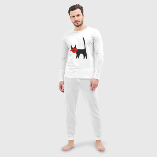 Мужская пижама с лонгсливом хлопок Кот губастик, цвет белый - фото 3