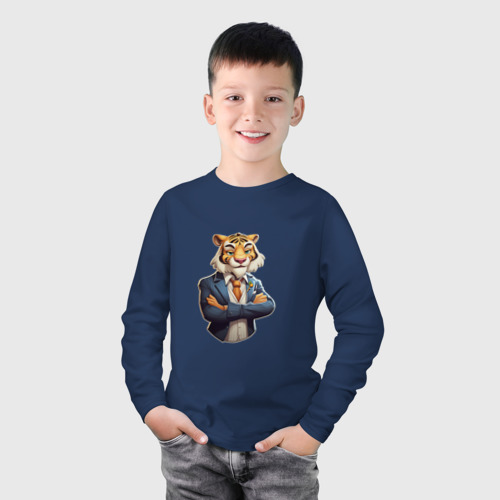 Детский лонгслив хлопок с принтом Деловой тигр, фото на моделе #1