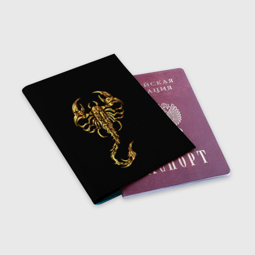 Обложка для паспорта матовая кожа Золотой скорпион, цвет голубой - фото 3