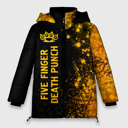 Женская зимняя куртка 3D с принтом Five Finger Death Punch - gold gradient: по-вертикали, вид спереди #2