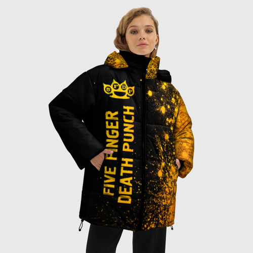 Женская зимняя куртка 3D с принтом Five Finger Death Punch - gold gradient: по-вертикали, фото на моделе #1