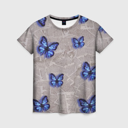 Женская футболка 3D Газетные обрывки и синие бабочки