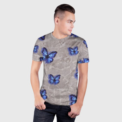 Мужская футболка 3D Slim Газетные обрывки и синие бабочки - фото 2
